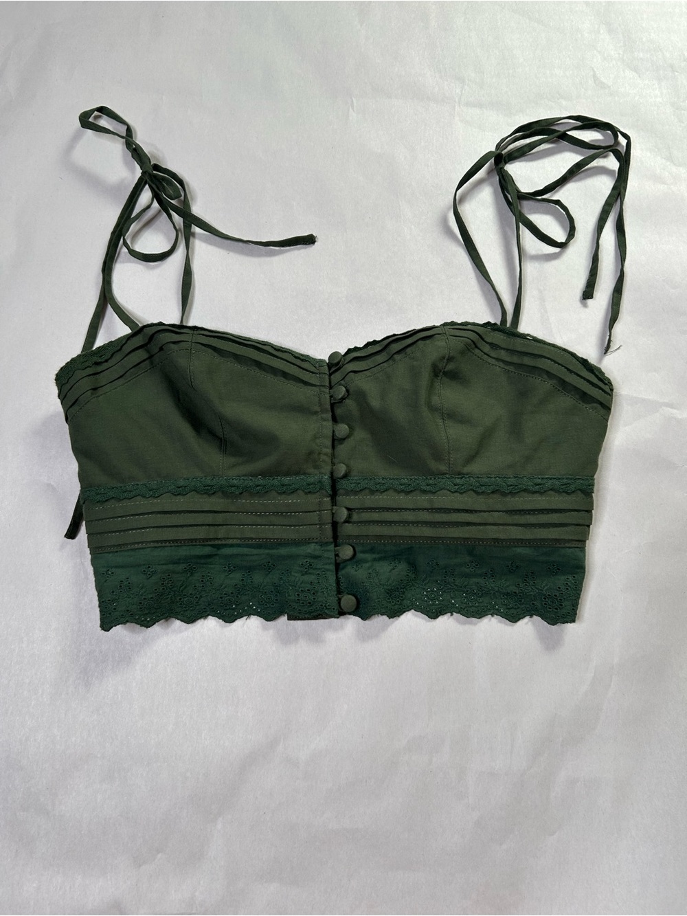Agua Bendita Dark Green Ariel Lace-Trim Tie-Strap Crop Top Size Small